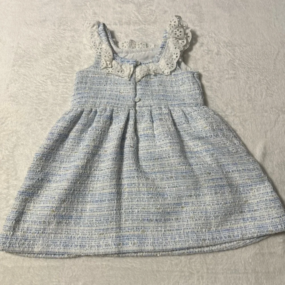 Janie and Jack Tweed Dress Kids Size 3 Blue White Eyelet Lace Metallic Gold